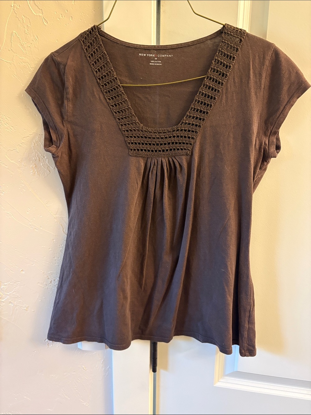 New York & Company Brown Crochet-Trim Scoop Neck Top